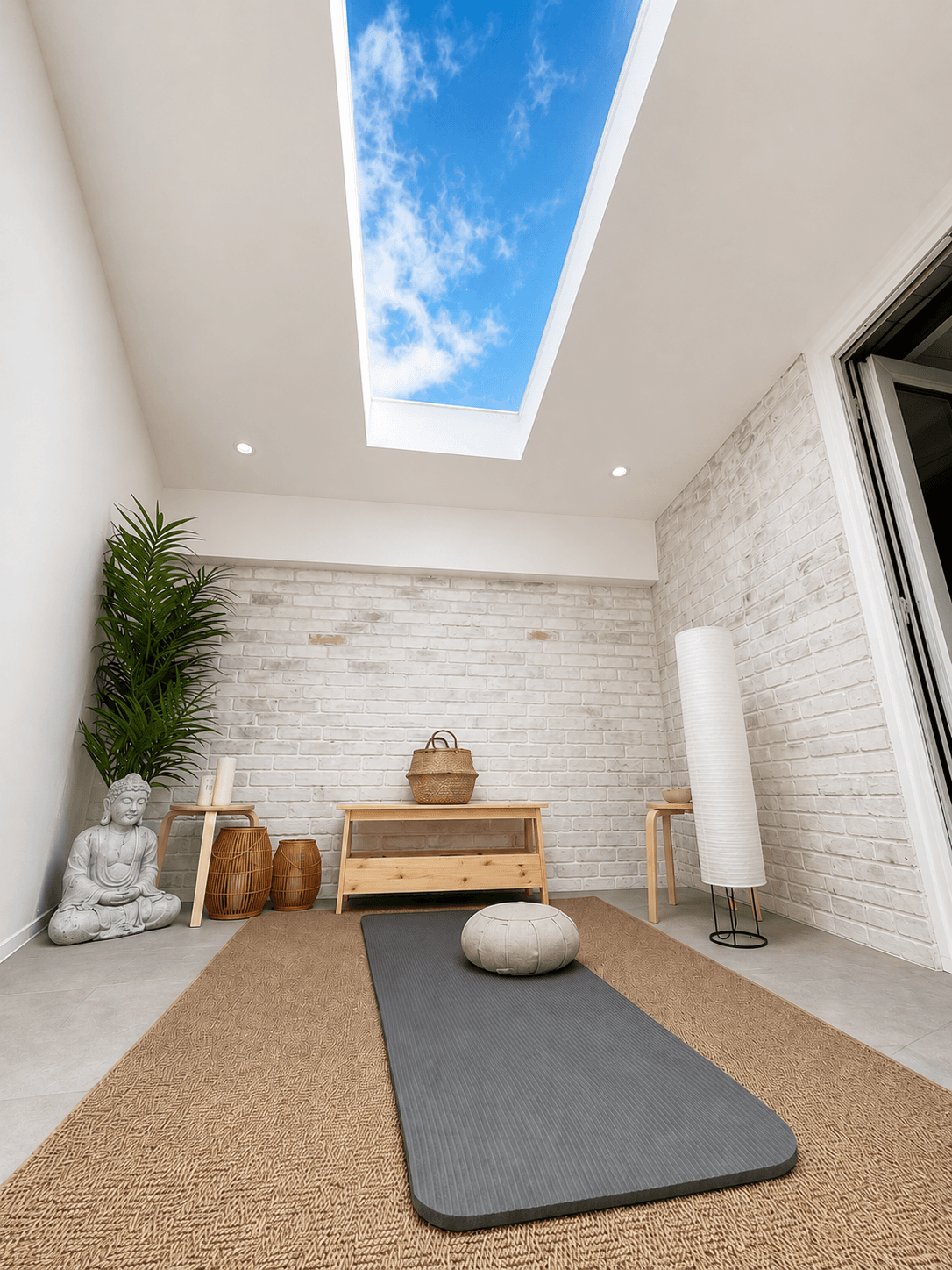Blue sky through the skylight of The Himmel — the calm, brick-walled spa room where treatments take place