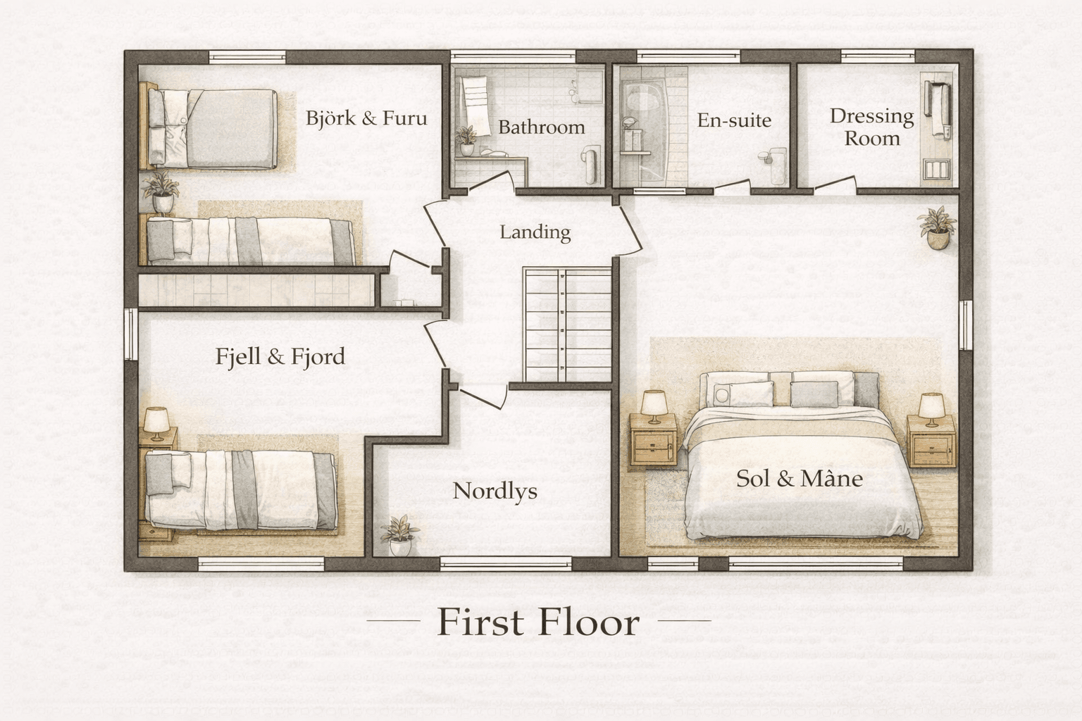 Illustrated floor plan of Nordic Spa House showing four bedrooms — Sol and Måne, Fjell and Fjord, Bjørk and Furu, and Nordlys — arranged around a central landing.
