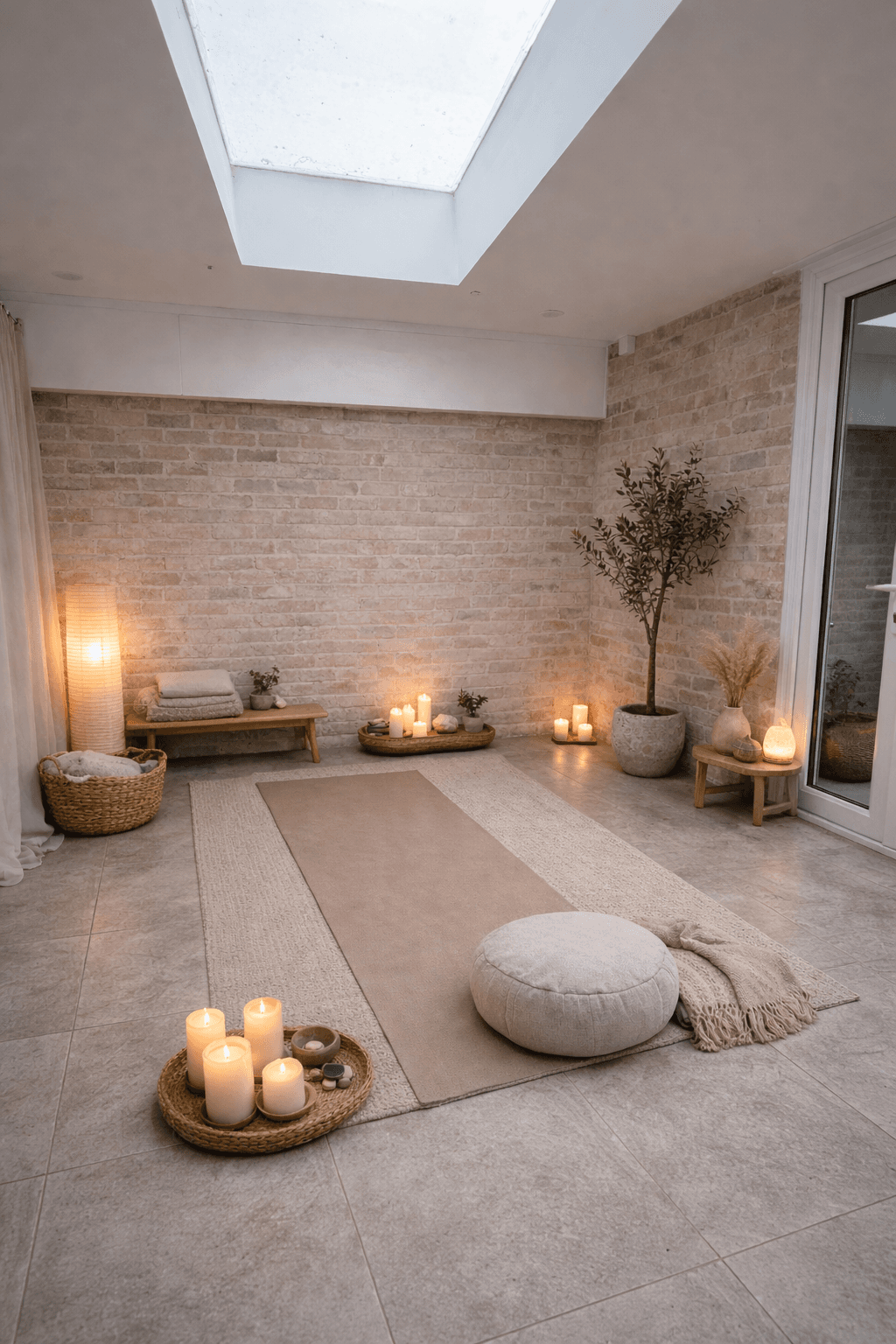 Spa room with skylight and exposed brick
